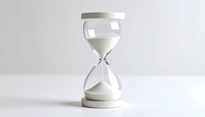 A clear hourglass with white sand, symbolizing the passage of time.
