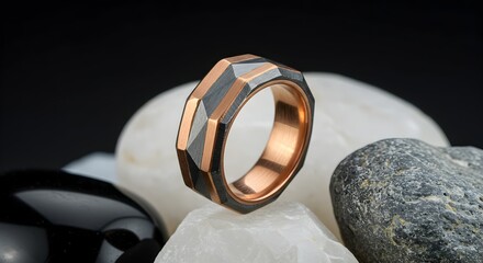 Geometric Modern Black and Rose Gold Ring Jewelry Product Still Life