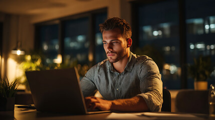 A concentrated person working on a laptop late at night in his office