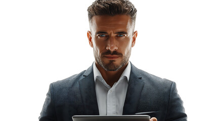 A determined business man focused while using a tablet. He exudes confidence and ambition