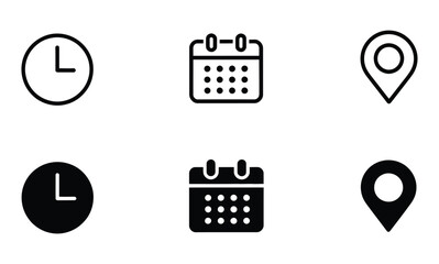 Simple Black and White Time, Calendar, and Location Icons for UI and Apps

