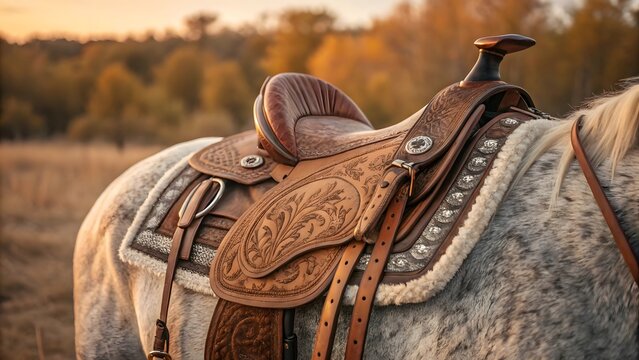 Close-up of a beautifully tooled Western saddle on a dapple grey horse, captured at golden hour with rich autumn colors in the scenic countryside.