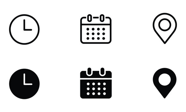 Simple Black and White Time, Calendar, and Location Icons for UI and Apps

