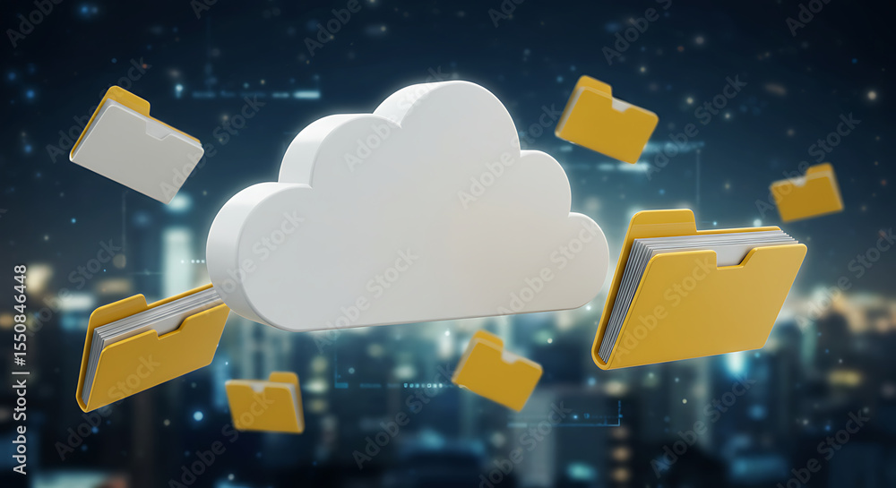 Poster cloud data storage: cloud icon surrounded by floating document folders, representing the modern solu