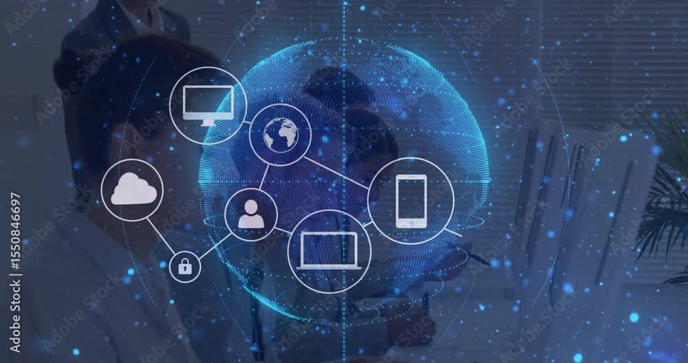 Poster Office team observing screens initiating holographic globe linking network icons for security