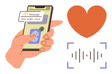 Hand holding smartphone displaying fingerprint scanning and a verification code. Beside it, a heart and soundwave scanning visual. Ideal for security, biometrics, technology, love, health