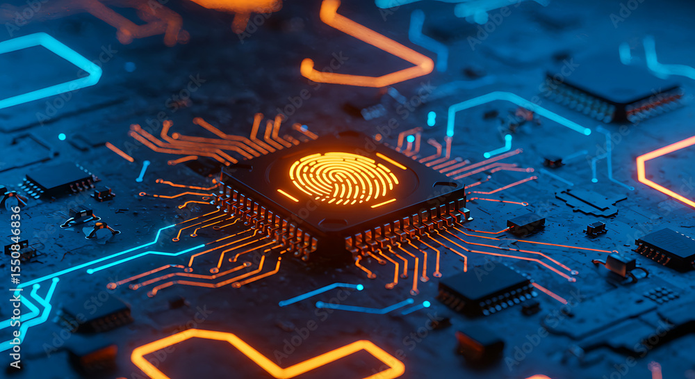 Poster digital security: a close-up view reveals a high-tech circuit board, illuminated with an intricate d