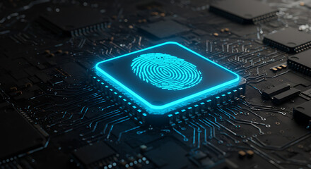 Biometric Security: A digital fingerprint, glowing with an electric blue hue, is embedded within a complex microchip, symbolizing secure access, personal identification.