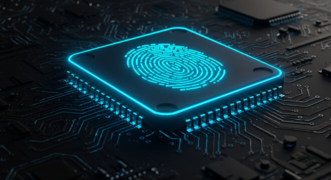 Digital fingerprint: A mesmerizing depiction of a digital fingerprint illuminating a cutting-edge circuit board, symbolizes security, access, and innovation. A modern view.