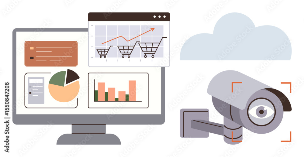 Poster security camera and analytics dashboard with graphs, pie chart, and shopping cart statistics. ideal 