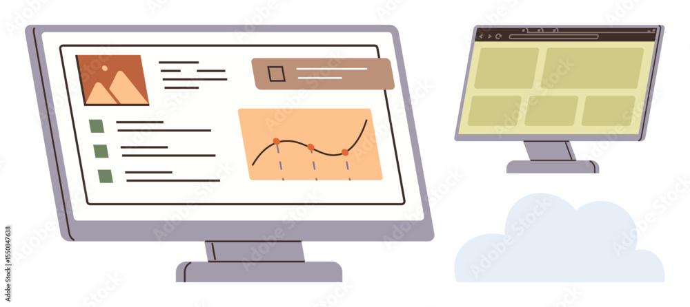 Poster computer monitors displaying graphs, images, and web layouts with cloud storage element. ideal for d