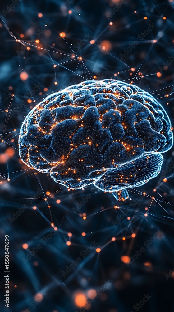 Aufkleber luminous brain rendering shows neural connections and complex network, illuminating human intelligen