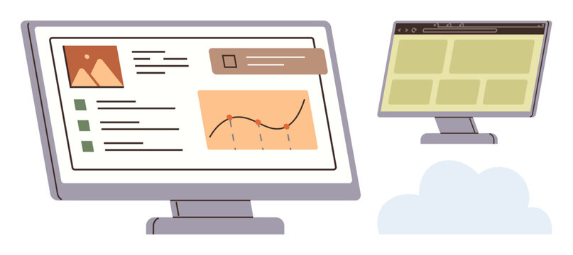 Computer monitors displaying graphs, images, and web layouts with cloud storage element. Ideal for data analytics, teamwork, cloud computing, business visualization, digital interface, project