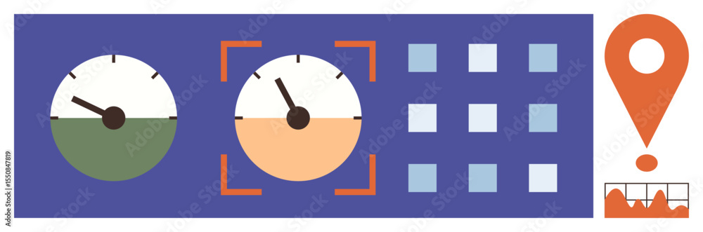 Poster gauges display metrics, location pin emphasizes mapping, grid suggests options, data chart depicts t