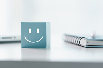 Client show feedback, smiley face sign. Service rating, satisfaction concept. happy smile face, good feedback rating, positive customer review, experience, satisfaction survey, smiley mental health.