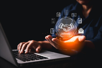 Modern procurement, smart digital interface featuring handshake icon symbol agreement businessmen,...