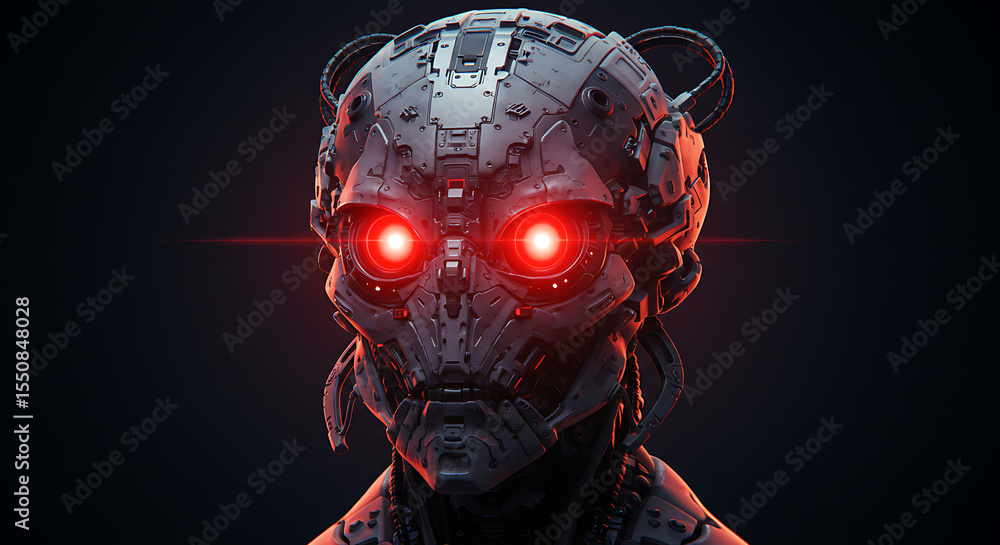 Poster mechanical sentinel: a detailed rendering of a futuristic robotic head featuring glowing red eyes. t