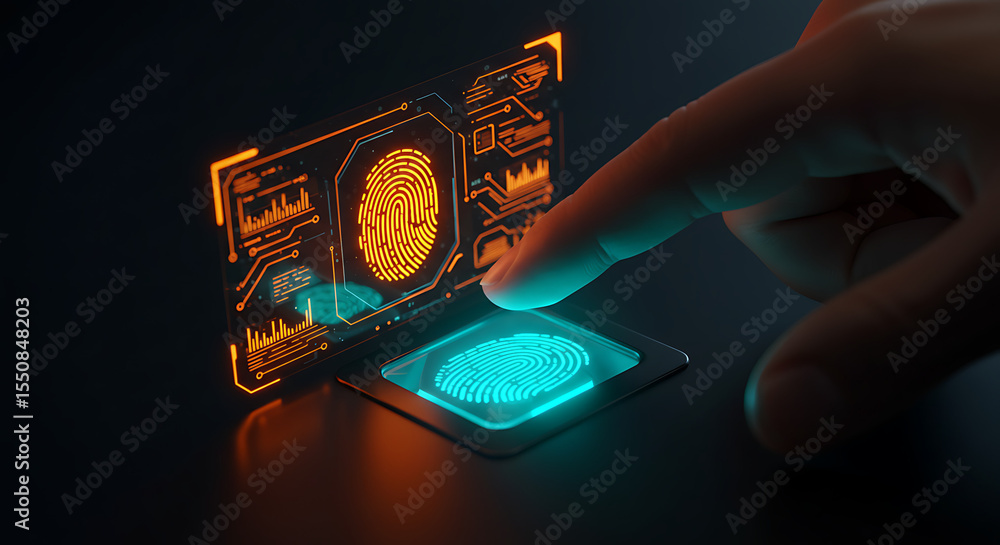 Poster digital identity verification: a close-up shot showcases a person's finger poised over a biometric s
