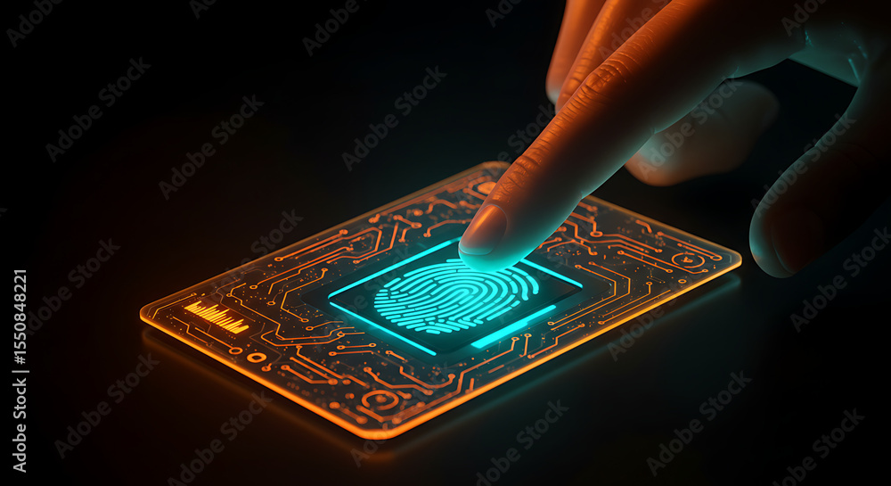 Poster fingerprint authentication: a finger scans a futuristic fingerprint sensor on a smart card, glowing 