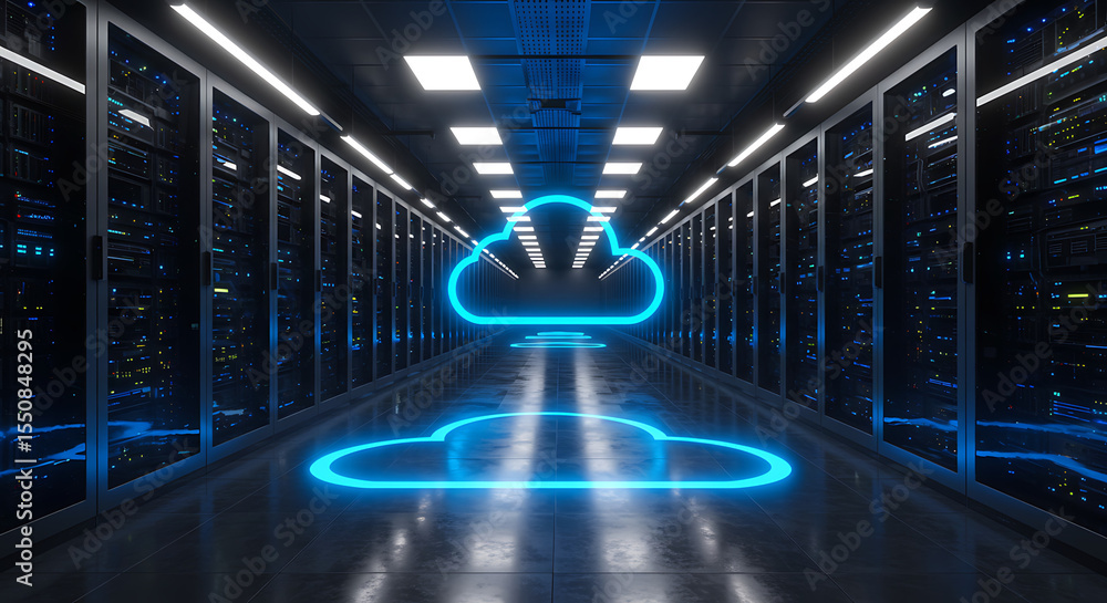 Poster cloud data center corridor: a modern data center corridor with servers and a symbolic cloud, suggest