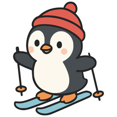 cute penguin playing ski flat color vector illustration template design