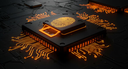 Cybersecurity: A luminous orange circuit board showcases a biometric fingerprint scanner embedded within a cutting-edge central processing unit.