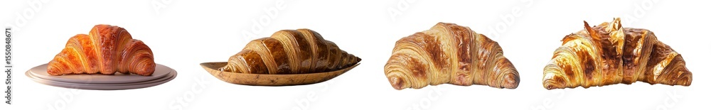 Poster set of different croissants displayed isolated on transparent background