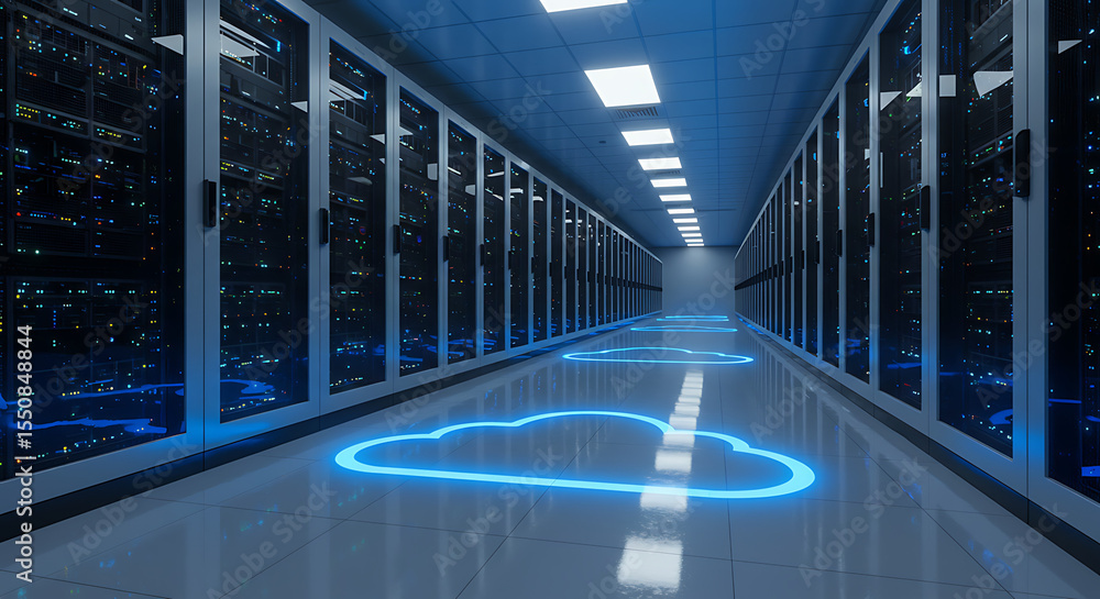 Poster digital realm: servers and cloud connection: rows of servers hum with activity in a data center, lin