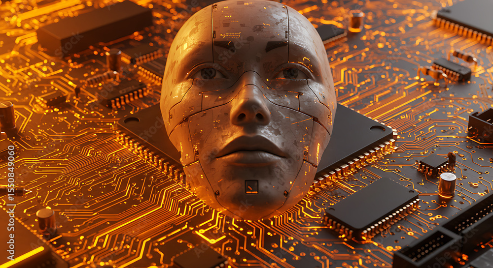Aufkleber digital soul: a captivating visual narrative merges human likeness with cutting-edge technology, sym