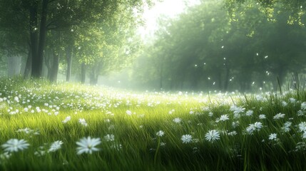 Fototapeta premium A peaceful spring meadow with tall grass swaying in the breeze, blurred background of a forest,