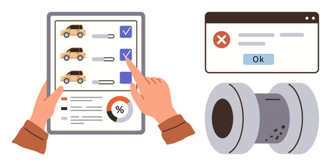 Tablet displaying car selection checklist with user interaction, error message on browser window, and worn brake disc. Ideal for automotive inspection, errors, diagnostics, mechanics, maintenance