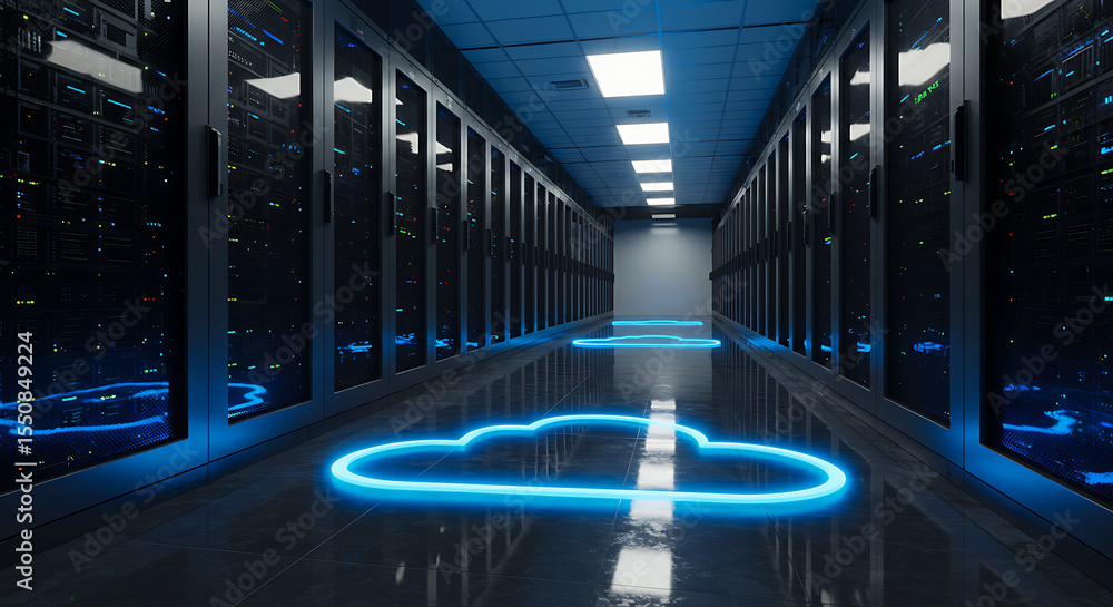 Poster cloud data center: a futuristic digital cloud floats over a gleaming server room, hinting at the pow