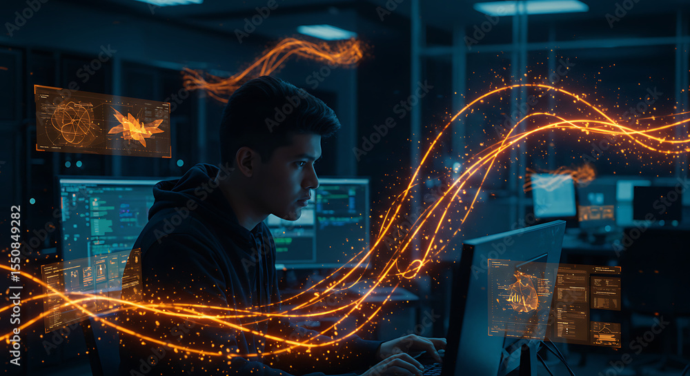 Poster tech innovator at work: a determined individual, focused on his computer in a modern workspace, navi