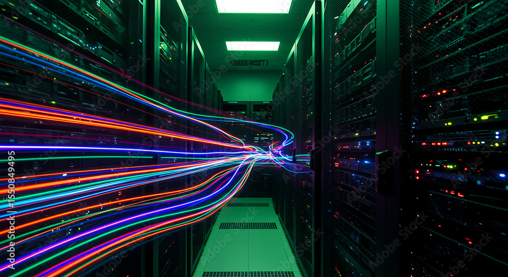 Poster digital data flow: a stunning visual depiction of data streaming through a modern server room, highl