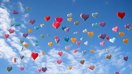 Colorful Heart Balloons Floating in Blue Sky