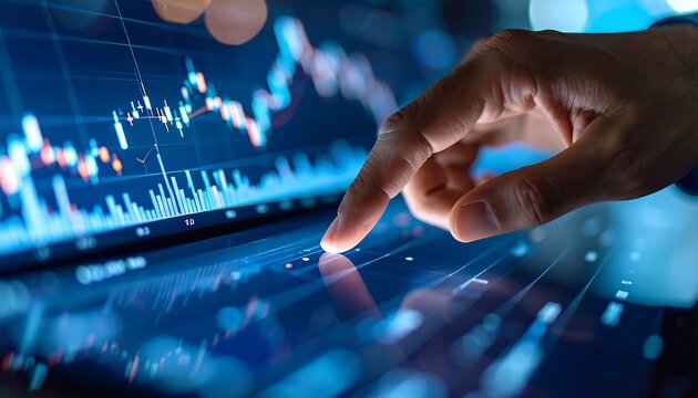 Hand interacting with a digital screen displaying financial data and stock market charts. - Powered by Adobe