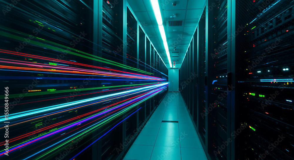 Aufkleber data center highway: an illuminated data center hallway, with server racks, conveys rapid data trans
