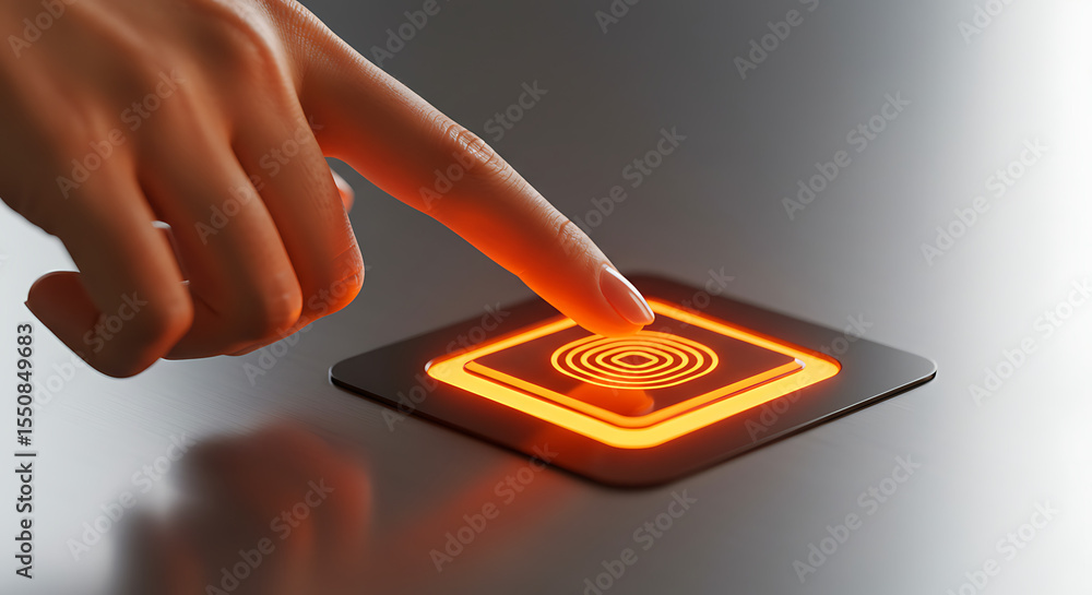 Poster digital interface interaction: a finger gently interacts with a glowing digital interface, symbolizi