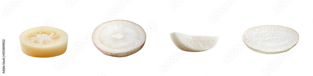 Poster close-up view of sliced root vegetable cross-sections. isolated on transparent background