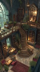 A grand, intricately detailed library with winding wooden stairs.