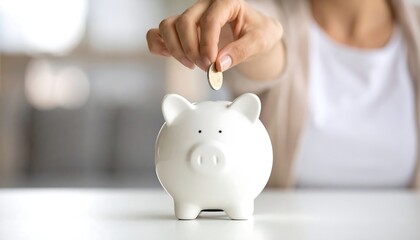 A person's hand placing a coin into a white piggy bank.