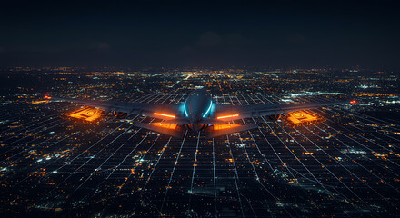 Skyline Horizon: A futuristic aircraft soars gracefully over a sprawling cityscape at dusk, its lights reflecting on the urban landscape.