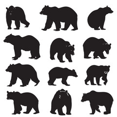 Set of bear silhouettes , black silhouettes isolated on white background