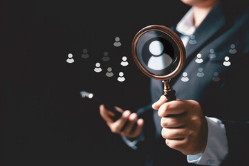 Concept of human resource recruitment visuals of magnifying glass highlighting ideal candidate icon, symbolizing process of headhunting, talent acquisition, employee selection, effective hiring.