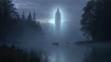 Fototapeta premium Mysterious figure stands over a misty lake at night.
