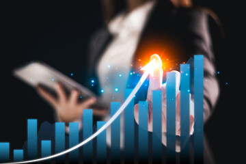 Business goal achievement and growth success. chart with upward arrows and target center symbolizes business planning, strategic development, performance aimed future success. achievement growth