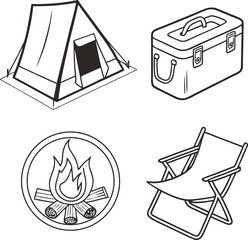 set of camping icons with essential items like a tent, campfire, cooler, map, and folding chair