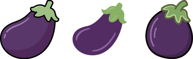 Three Purple Eggplants with Green Stems and Leaves