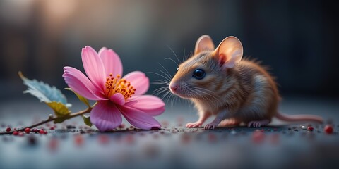A Tiny Mouse Beside a Delicate Flower, Nature's Harmony