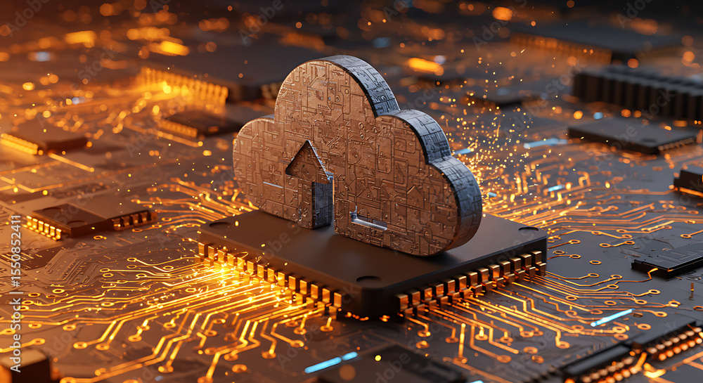 Aufkleber cloud computing: a digital cloud symbol sits atop a motherboard, illuminated by golden circuits and 